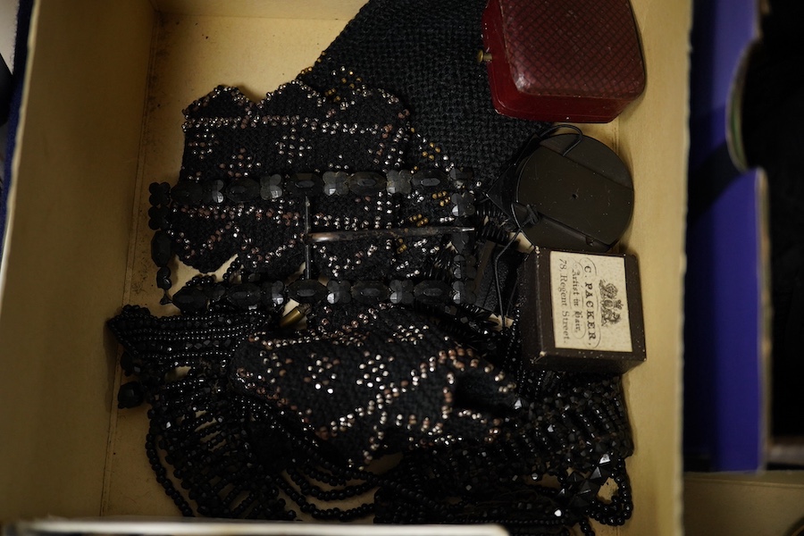 A collection of Victorian Jet mourning jewellery, Jet appliqués for clothing, black lace and a pair of cut steel knitted mittens etc. Condition - mostly good some lace fragile